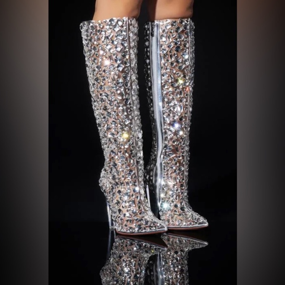 •Honey• Tall Embellished PVC Chunky Heel Boots by Azalea Wang - Picture 5 of 6